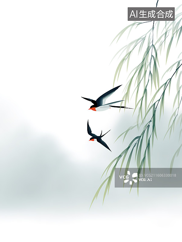 【AI数字艺术】国风春天柳树下的小燕子极简风插画图片素材