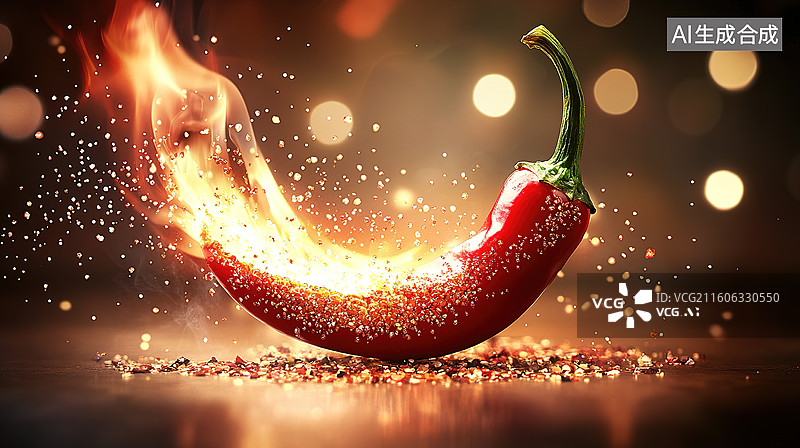 【AI数字艺术】燃烧的辣椒调入辣椒粉中——香辣味觉主题概念图片素材