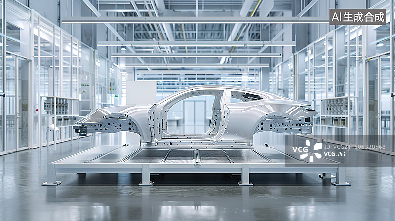 【AI数字艺术】现代工厂里的一台汽车车架——汽车工业设计制造概念图片素材