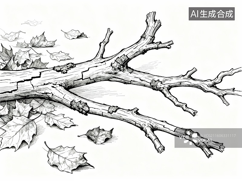 【AI数字艺术】枯枝落叶的素描图片素材