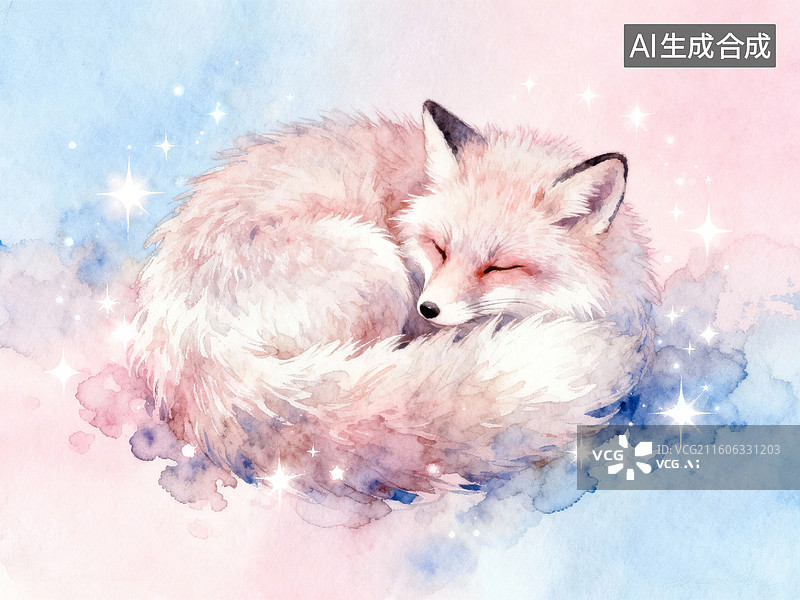 【AI数字艺术】蜷卧的狐狸水彩画图片素材