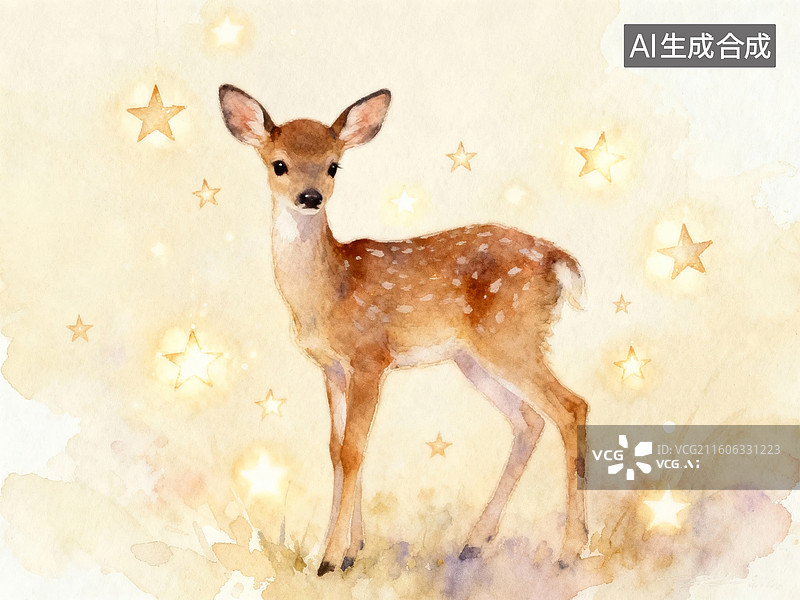【AI数字艺术】水彩小鹿与星光背景图片素材