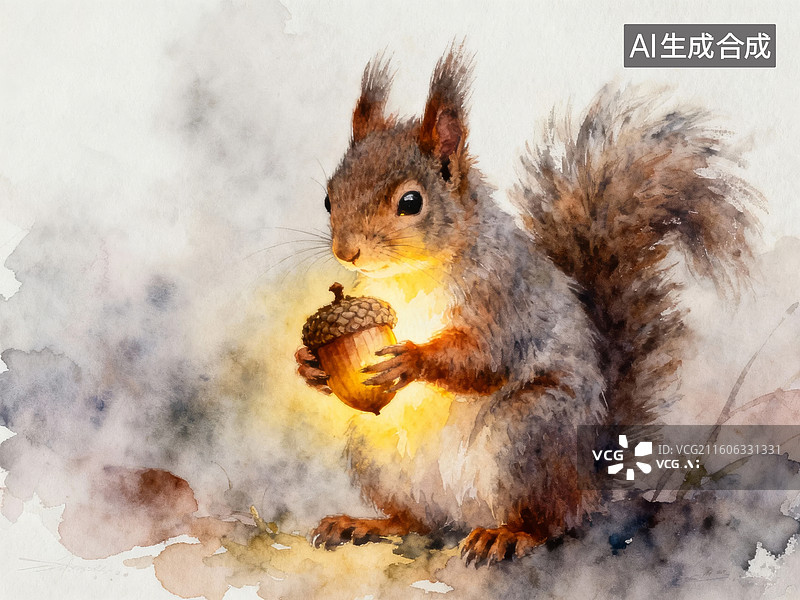 【AI数字艺术】松鼠手持发光橡果图片素材
