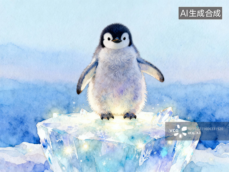 【AI数字艺术】企鹅幼崽站在冰块上图片素材