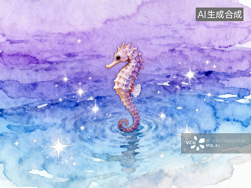 【AI数字艺术】水彩海马在梦幻海洋中图片素材