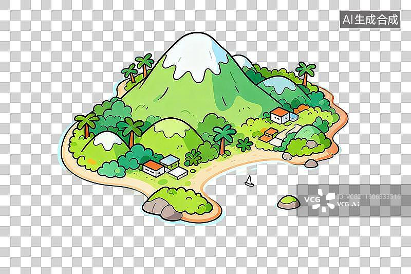 【AI数字艺术】卡通风格，一座植被茂盛的海岛PNG格式的免扣元素图片素材