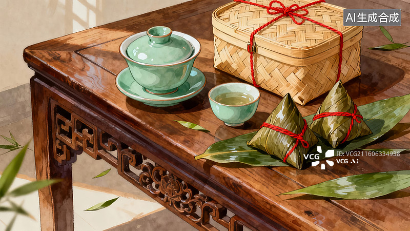 【AI数字艺术】传统茶点与粽子摆设图片素材