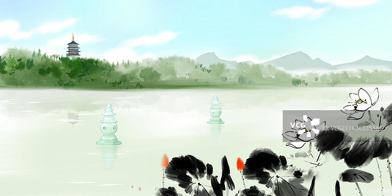 西湖 荷花 山潭映月 雷锋塔图片素材