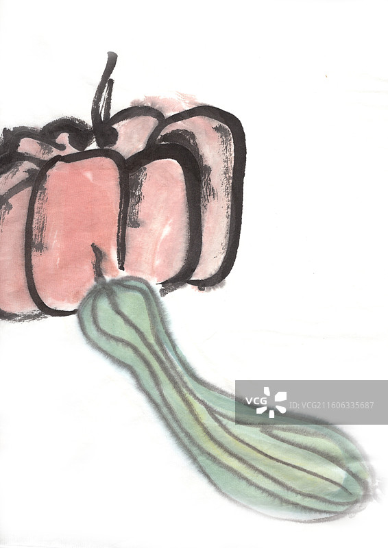 水墨植物 手绘 高雅 中国画 蔬菜 南瓜 丝瓜图片素材
