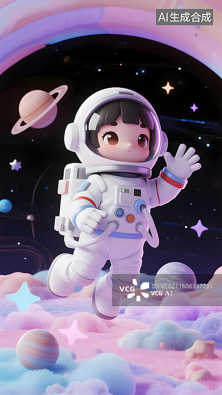 【AI数字艺术】小女孩宇航员在梦幻太空招手图片素材