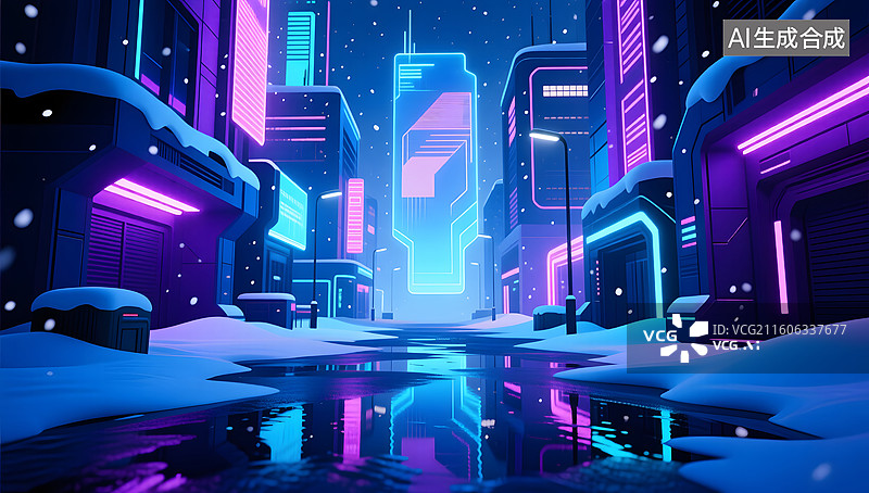 【AI数字艺术】赛博朋克城市雪夜霓虹灯场景插画图片素材