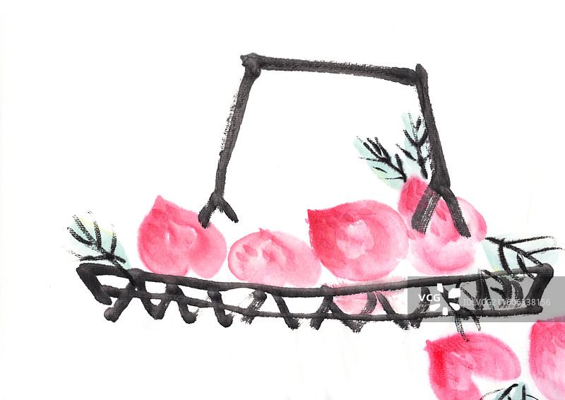 水墨植物 手绘 高雅 中国画 桃子 果篮 水果图片素材