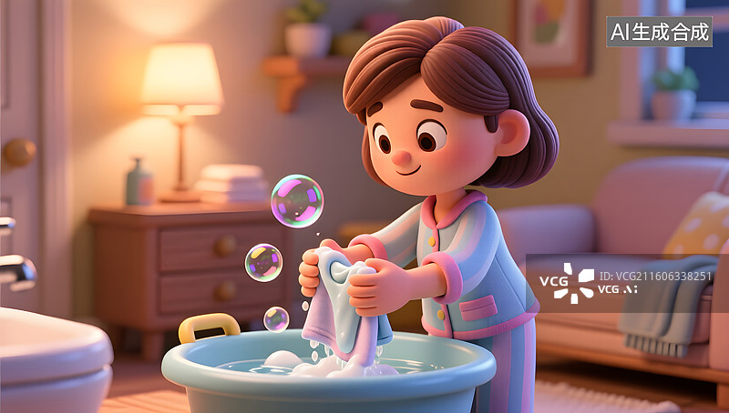 【AI数字艺术】女性在温暖室内手洗精细衣物图片素材