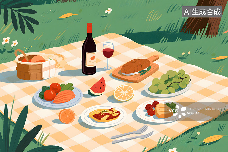 【AI数字艺术】春日野餐美食插画图片素材
