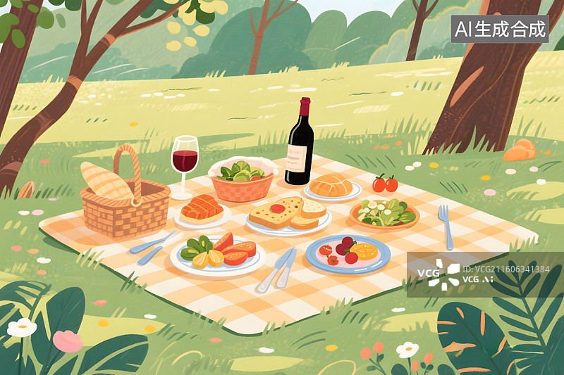 【AI数字艺术】春日野餐美食插画图片素材