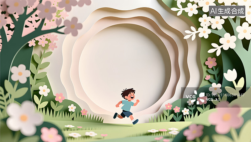 【AI数字艺术】春日花园里孩子欢跑在花影之间图片素材