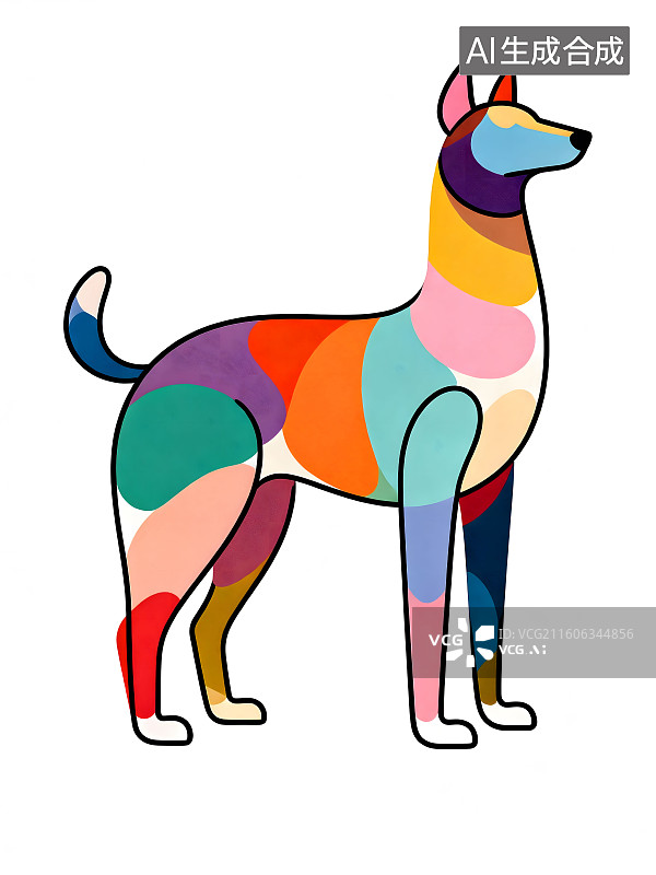 【AI数字艺术】极简主义，用纤细线条与圆润色块结合呈现抽象动物，多巴胺色系不规则色块层图片素材