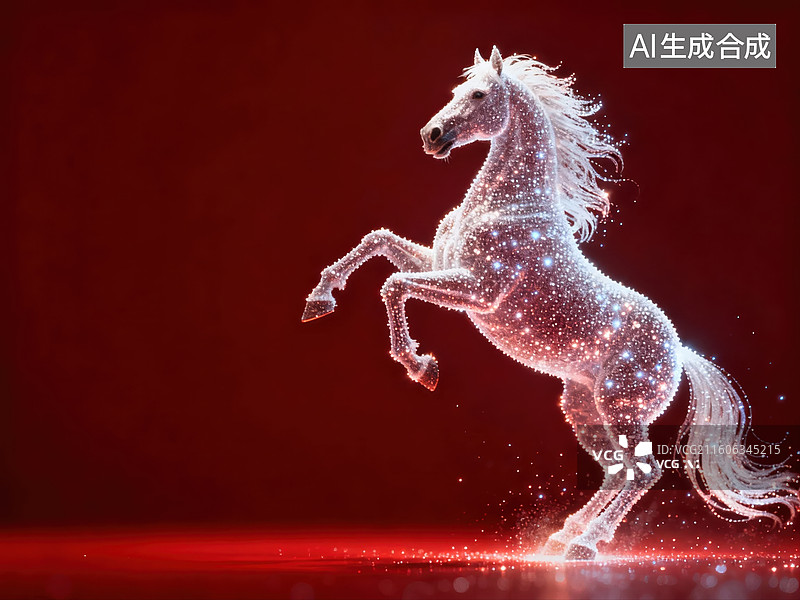 【AI数字艺术】闪耀的白马跃立于红光中图片素材