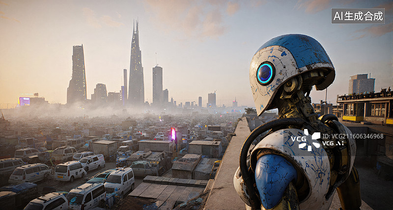 【AI数字艺术】未来城市中的机器人守望者图片素材