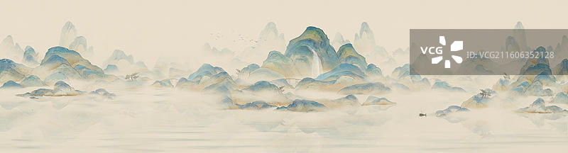 手绘千里江山图国风长卷大尺寸插画背景图片素材