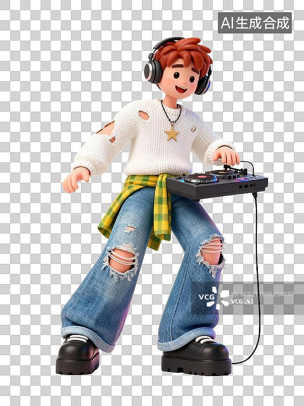 【AI数字艺术】3D卡通粘土风潮流人物时尚男DJ操控电音设备图片素材