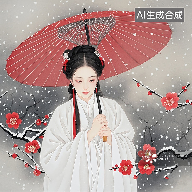 【AI数字艺术】工笔画，水墨晕染，灰色背景，意境美，红梅花，雪飞，有一白衣古风美女，打着一把红色油纸伞，中式审美图片素材