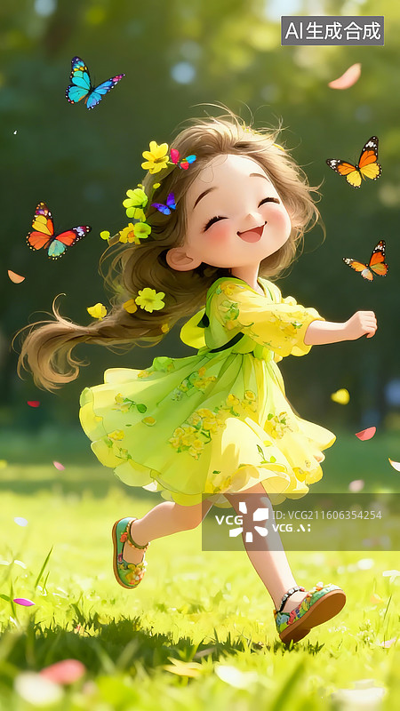【AI数字艺术】插画，户外草地，小女孩开心的追着蝴蝶，脚穿漂亮小鞋，头花和衣服都是黄绿色系，上面有彩色的小蝴蝶在飞图片素材
