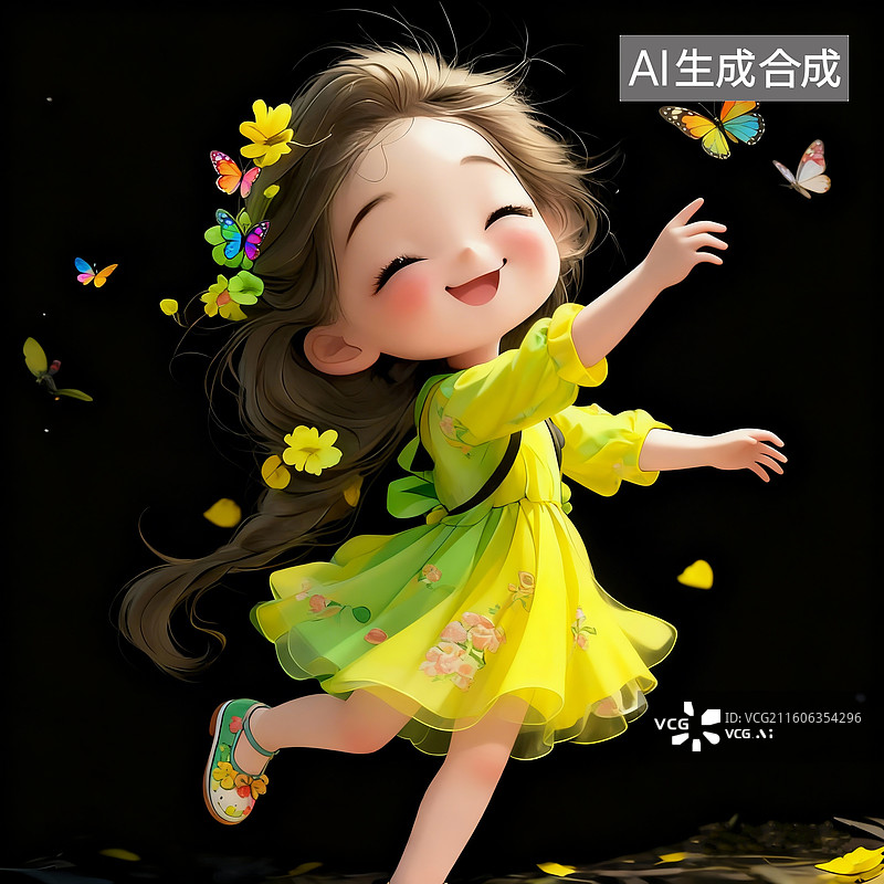 【AI数字艺术】插画，黑色背景，小女孩开心的追着蝴蝶，脚穿漂亮小鞋，头花和衣服都是黄绿色系，上面有彩色的小蝴蝶在飞图片素材