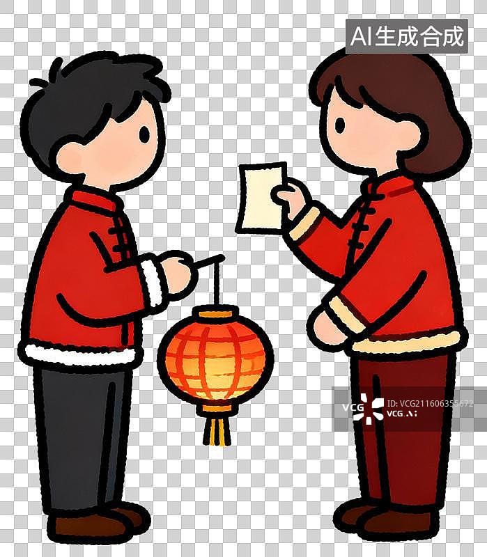 【AI数字艺术】中国春节年俗卡通2D描边插画红包锦鲤灯笼一家人插画元素免扣图形图片素材