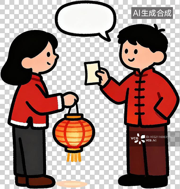 【AI数字艺术】中国春节年俗卡通2D描边插画红包锦鲤灯笼一家人插画元素免扣图形图片素材