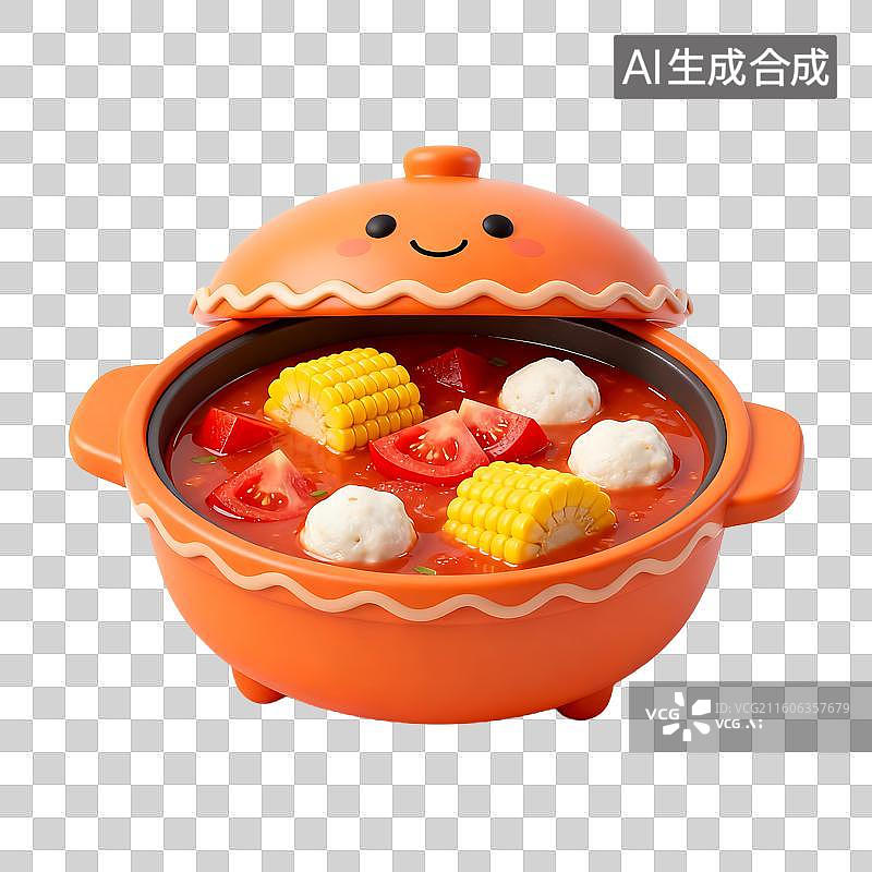 【AI数字艺术】可爱橙色锅中的番茄玉米汤图片素材