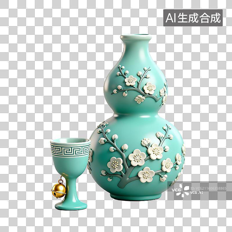 【AI数字艺术】带有白色花卉图案的青绿色花瓶图片素材