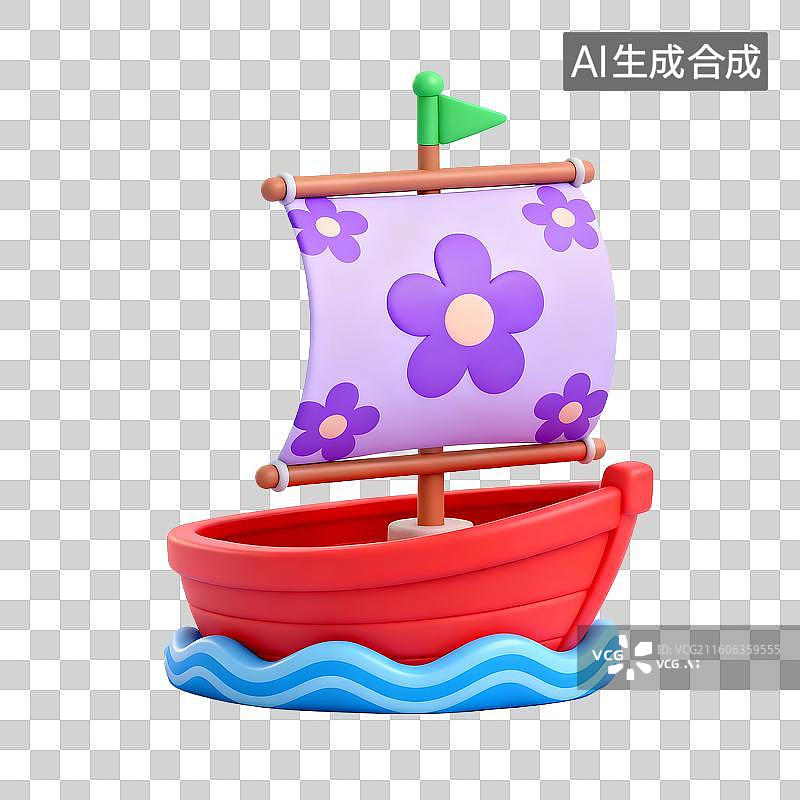【AI数字艺术】带有紫色花朵帆的红色玩具小船图片素材