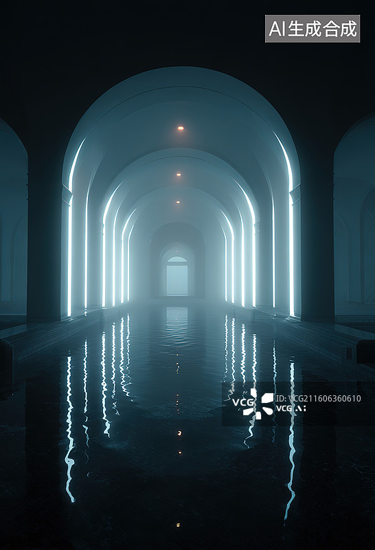 【AI数字艺术】发光拱廊水道隧道图片素材