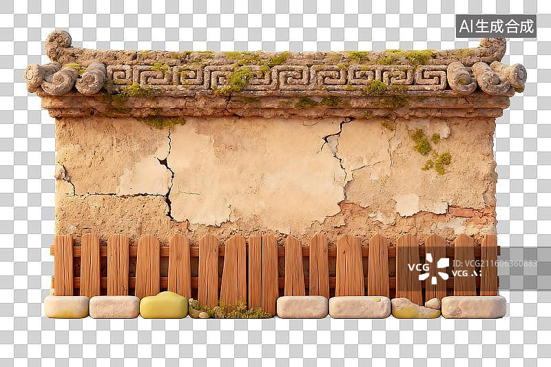 【AI数字艺术】古老传统带苔藓木栅栏的墙图片素材