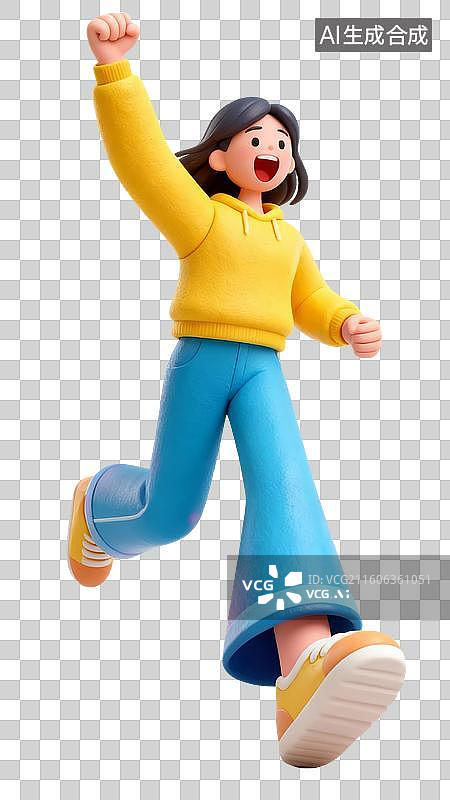 【AI数字艺术】3D卡通粘土风商务招聘少女欢呼奔跑图片素材