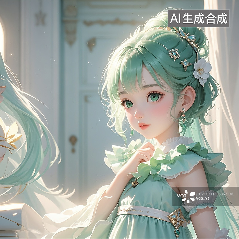 【AI数字艺术】动漫漫画,女生，绿色连衣裙，侧面，清新柔和色调，浅色白色和浅绿色，精致的肖像，漫画艺术，清晰细腻，图片素材