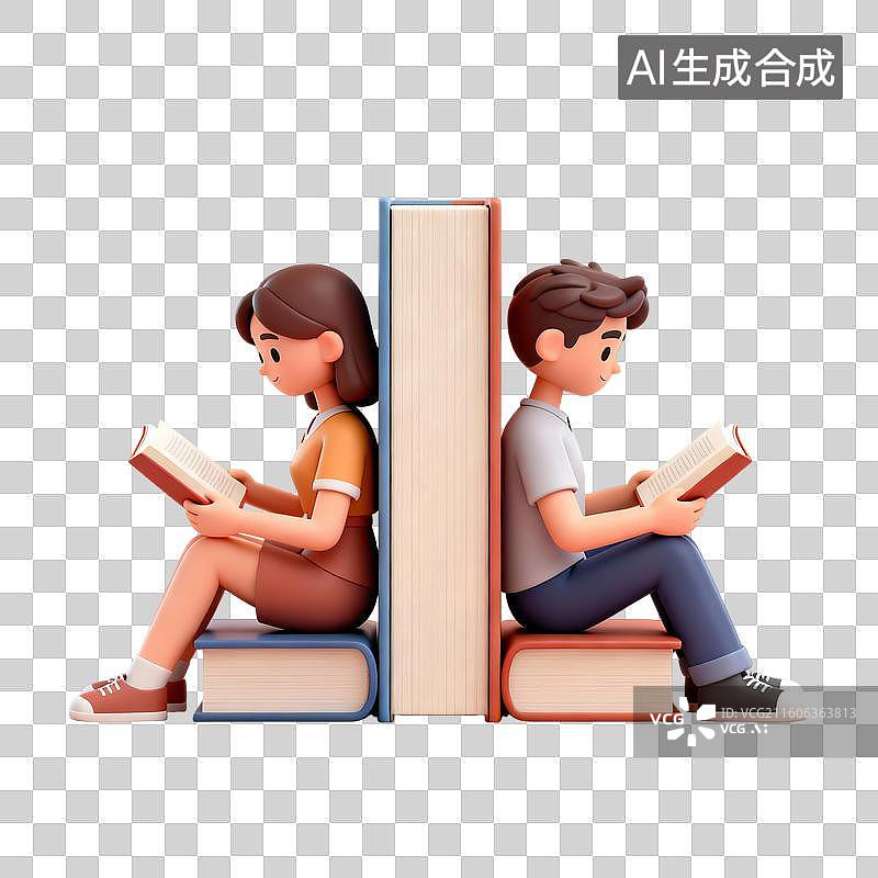 【AI数字艺术】坐在图书背靠背看书的情侣 婚恋主题创意插画图片素材
