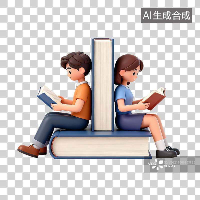 【AI数字艺术】坐在图书背靠背看书的情侣 婚恋主题创意插画图片素材