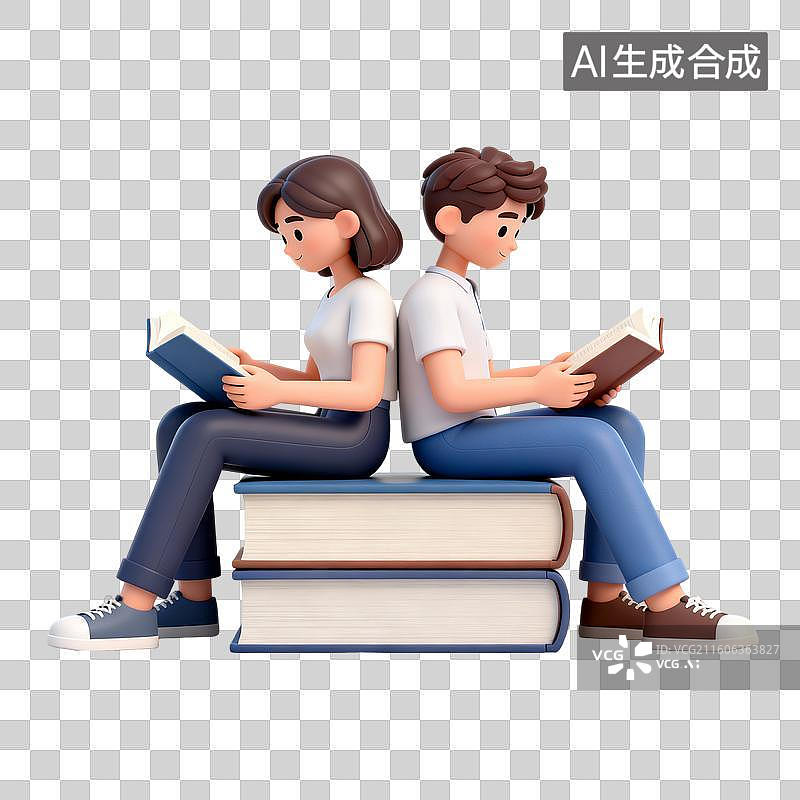 【AI数字艺术】坐在图书背靠背看书的情侣 婚恋主题创意插画图片素材