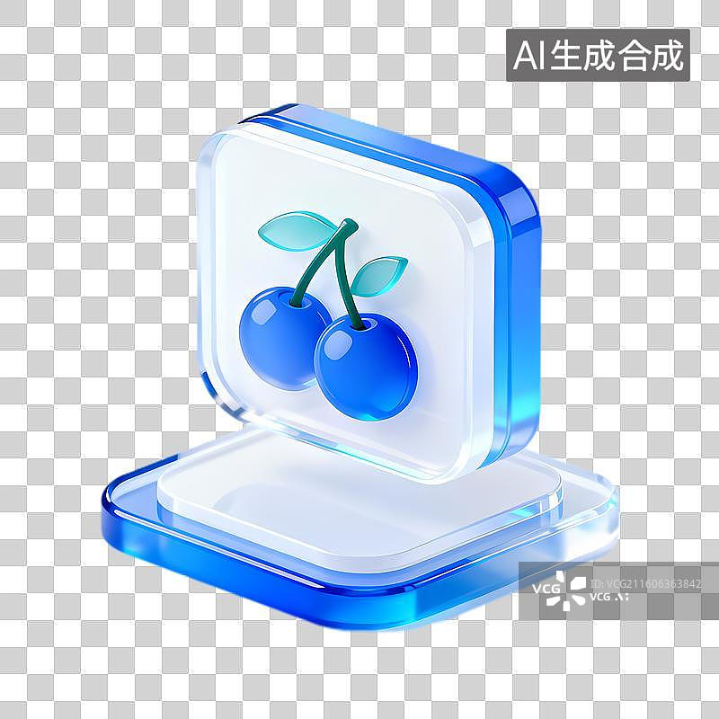 【AI数字艺术】蓝色樱桃透明质感图标图片素材
