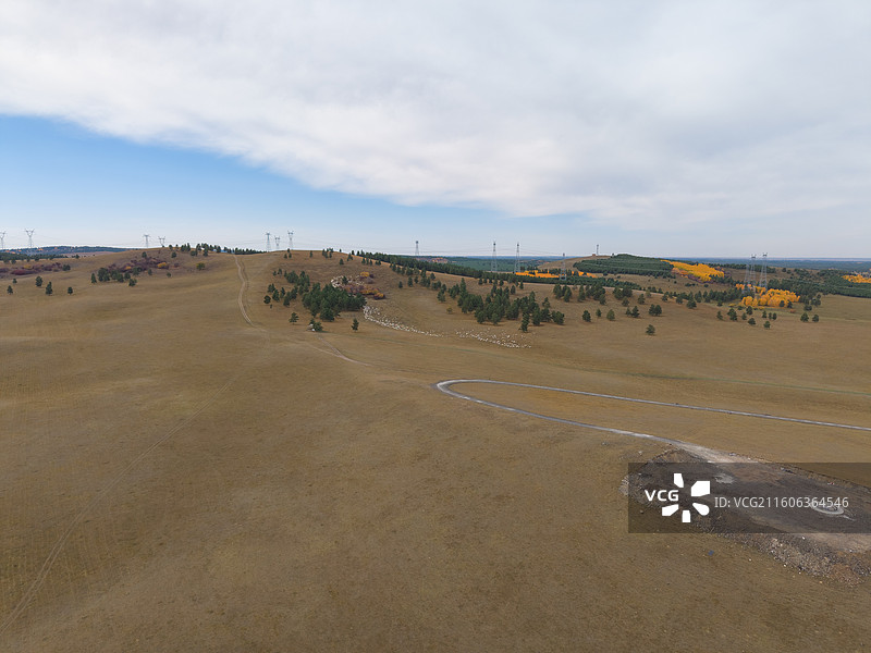 航拍下草原上的羊群，呼和诺尔湖景区，内蒙古呼伦贝尔图片素材