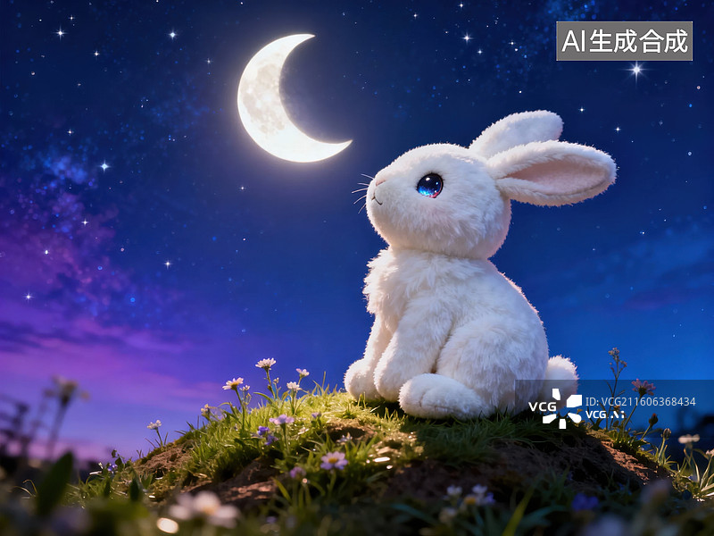 【AI数字艺术】月夜下的白色兔子图片素材
