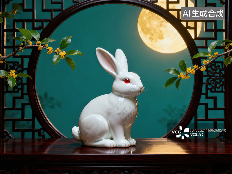 【AI数字艺术】玉兔静坐月圆窗前图片素材