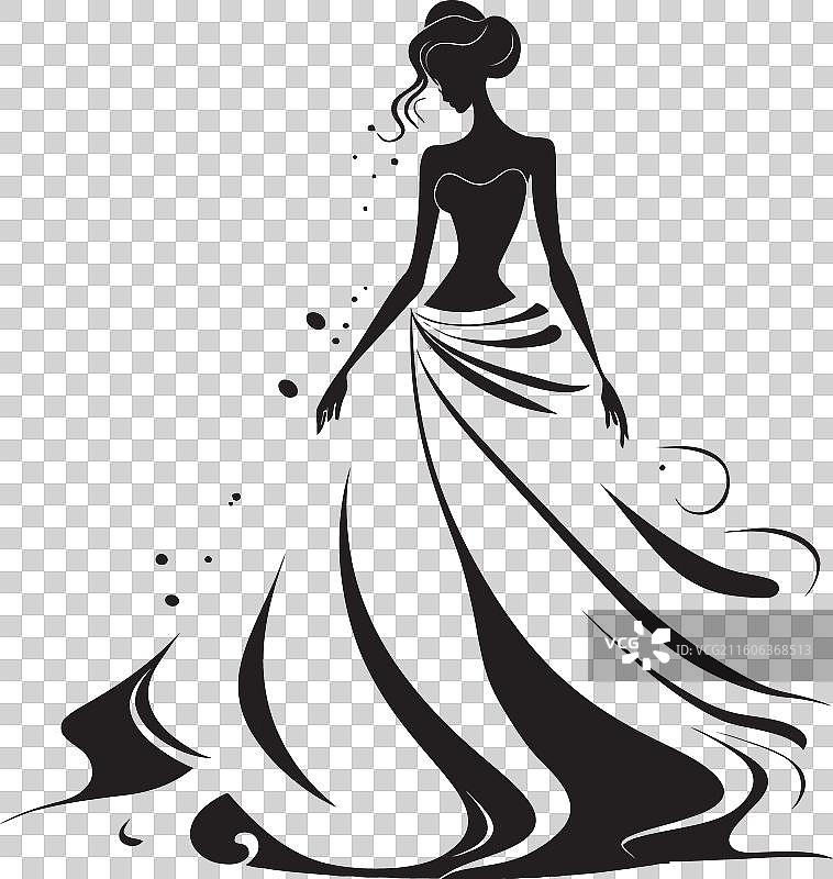 女人身穿印有标志的黑色连衣裙，风情万种图片素材