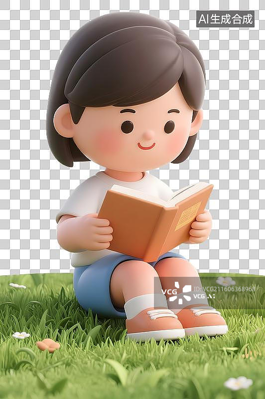 【AI数字艺术】AIGC：在青草地上看书的小女孩，儿童节，世界读书日，设计元素，免抠图形图片素材