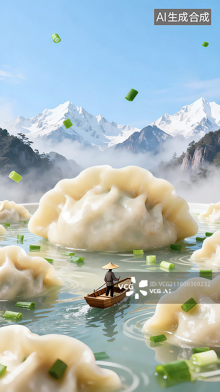 【AI数字艺术】创意微距饺子小船国风海报图片素材