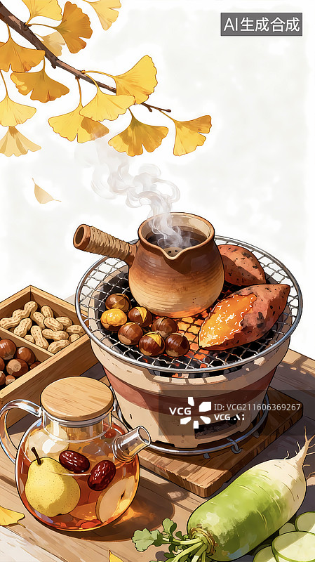 【AI数字艺术】节气养生烤红薯栗子萝卜花茶冬天节气图片素材