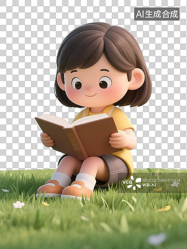 【AI数字艺术】AIGC：在青草地上看书的小女孩，儿童节，世界读书日，设计元素，免抠图形图片素材
