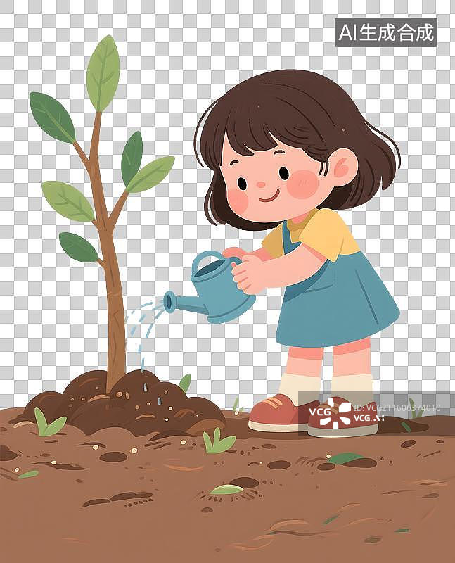 【AI数字艺术】AIGC:3D植树节给小树苗浇水的小女孩，植树节，设计元素，免抠图形图片素材